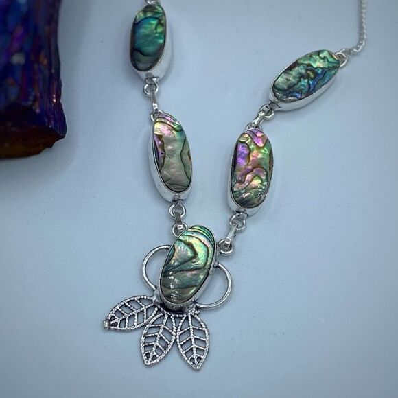 Abalone Shell Sterling Silver Boho Feather Necklace - Picture 3 of 4